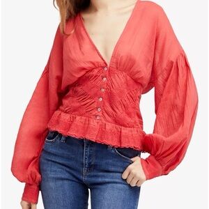 Free People Women's Coral Colored V-Neck Blouse with Embroidered Detail